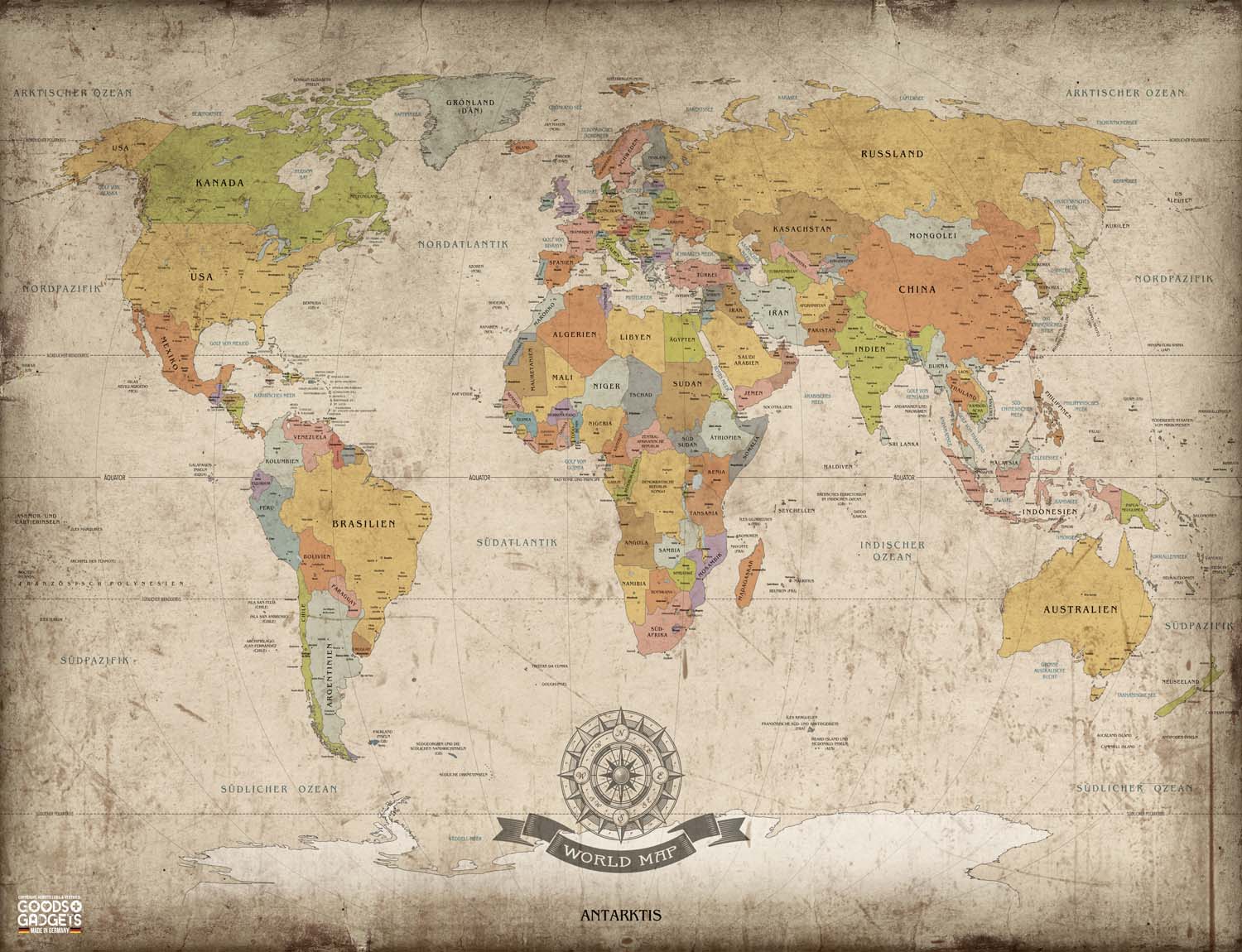 Weltkarte Poster Decomonkey | Weltkarte Vintage Poster Wanbild Retro XXL  Worldmap INKL Weltkarten Bilder, image size:1500x1150